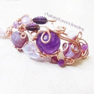 Lilac & Purple Butterfly + Gemstone Bracelet! Amethyst + Agate + WireWrap Copper